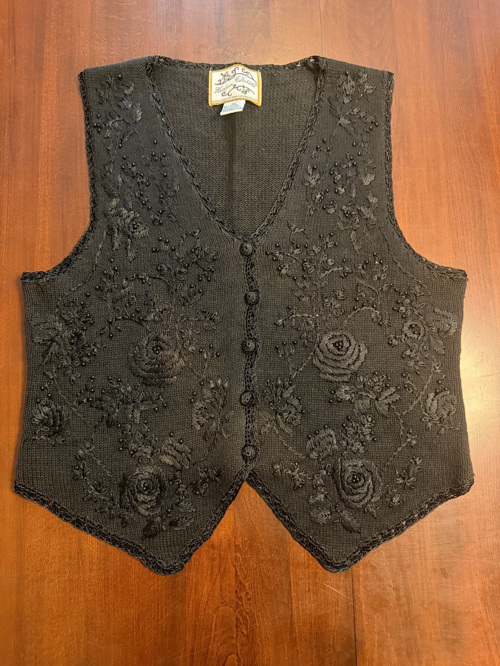 Vintage 90s Heirloom Collectibles Black Embroidered Beaded Floral Vest